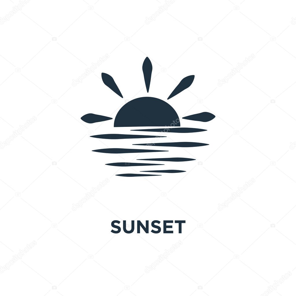 Sunset icon. Black filled vector illustration. Sunset symbol on white background. Can be used in web and mobile.