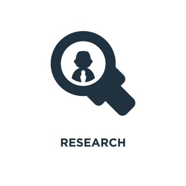 Araştırma simgesi. Siyah vektör çizim dolu. Beyaz arka plan araştırma sembolü. Web ve mobil kullanılabilir.