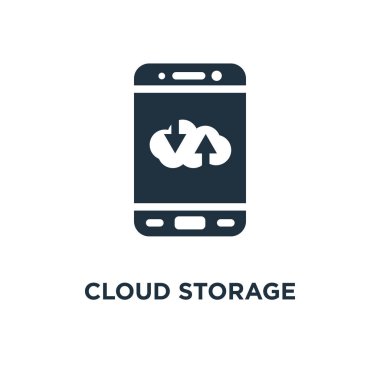 Bulut depolama simgesini. Siyah vektör çizim dolu. Beyaz arka plan bulut depolama sembolü. Web ve mobil kullanılabilir.