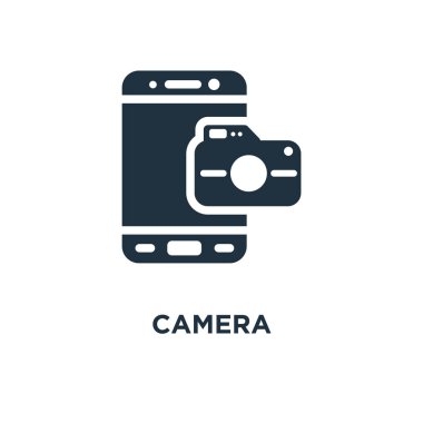Kamera simgesi. Siyah vektör çizim dolu. Beyaz arka plan üzerinde kamera simgesi. Web ve mobil kullanılabilir.