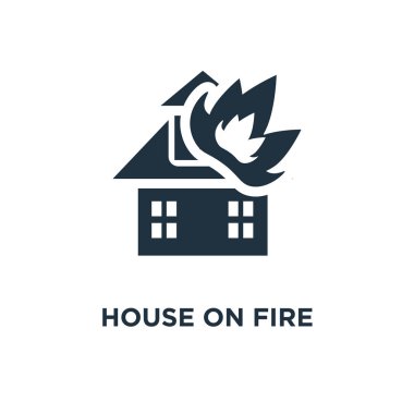 House On Fire simgesi. Siyah vektör çizim dolu. Beyaz arka plan House On Fire sembolü. Web ve mobil kullanılabilir.