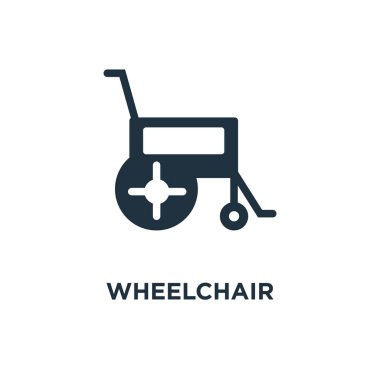 Tekerlekli sandalye simge. Siyah vektör çizim dolu. Beyaz arka plan tekerlekli sandalye sembol. Web ve mobil kullanılabilir.