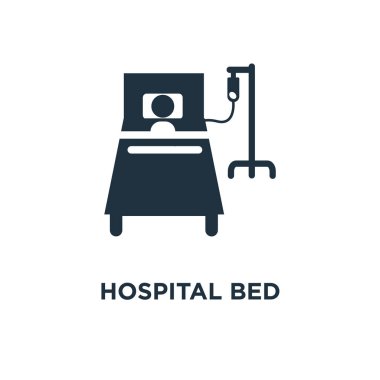Hastane yatak simgesi. Siyah vektör çizim dolu. Hastane yatak sembolü beyaz arka plan. Web ve mobil kullanılabilir.
