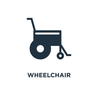 Tekerlekli sandalye simge. Siyah vektör çizim dolu. Beyaz arka plan tekerlekli sandalye sembol. Web ve mobil kullanılabilir.