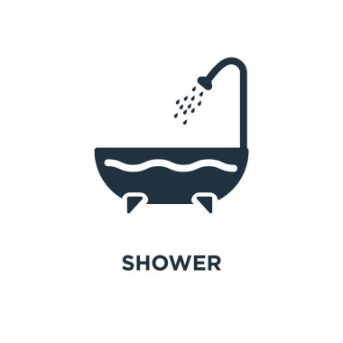 Duş simgesi. Siyah vektör çizim dolu. Beyaz arka plan duş sembolü. Web ve mobil kullanılabilir.