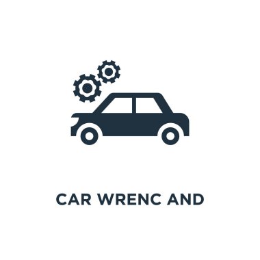 Araba wrenc ve cogwheels simgesi. Siyah vektör çizim dolu. Araba sembolü beyaz zemin üzerine wrenc ve cogwheels. Web ve mobil kullanılabilir.