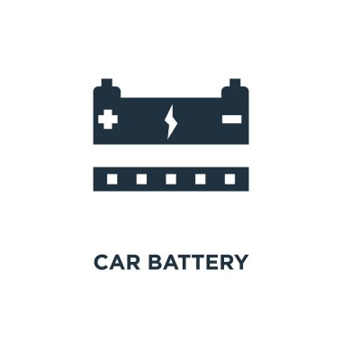 Araba pil simgesi. Siyah vektör çizim dolu. Beyaz arka plan üzerinde araba pil sembolü. Web ve mobil kullanılabilir.