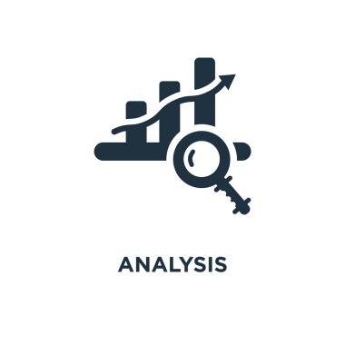 Analiz simgesi. Siyah vektör çizim dolu. Beyaz arka plan üzerinde analiz sembolü. Web ve mobil kullanılabilir.