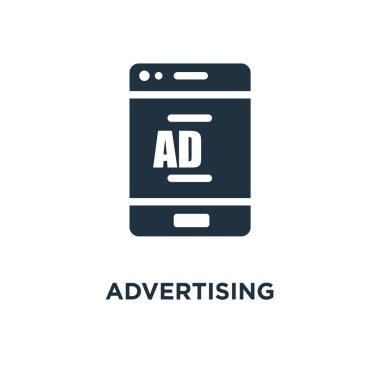Reklam simgesi. Siyah vektör çizim dolu. Beyaz arka plan reklam sembolü. Web ve mobil kullanılabilir.