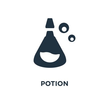 İksir simgesi. Siyah vektör çizim dolu. Beyaz arka plan iksir sembolü. Web ve mobil kullanılabilir.