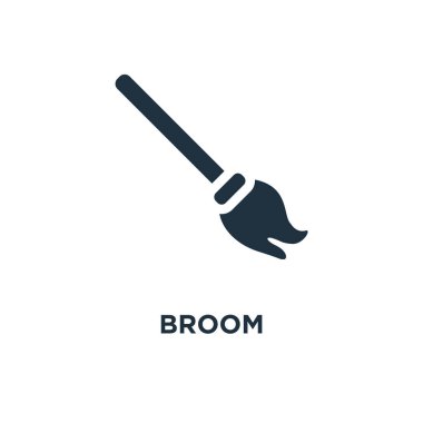 Süpürge simgesi. Siyah vektör çizim dolu. Beyaz arka plan süpürge sembolü. Web ve mobil kullanılabilir.