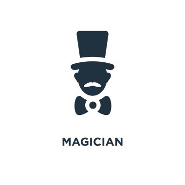 Sihirbaz simgesi. Siyah vektör çizim dolu. Beyaz arka plan sihirbaz sembolü. Web ve mobil kullanılabilir.