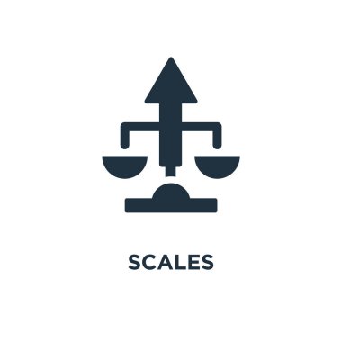 Ölçekler simgesi. Siyah vektör çizim dolu. Beyaz arka plan ölçekleri sembolü. Web ve mobil kullanılabilir.