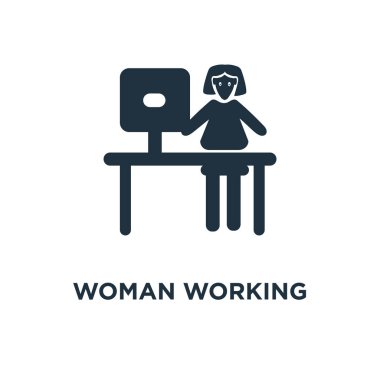 Kadın çalışma simgesi. Siyah vektör çizim dolu. Kadın çalışma sembolü beyaz arka plan. Web ve mobil kullanılabilir.