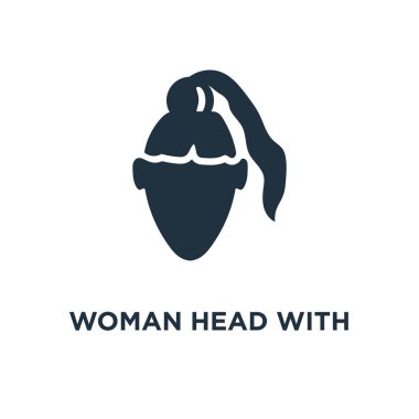 At kuyruğu simgesi olan kadın başı. Siyah vektör çizim dolu. Kadın kafa at kuyruğu sembolü beyaz arka plan ile. Web ve mobil kullanılabilir.