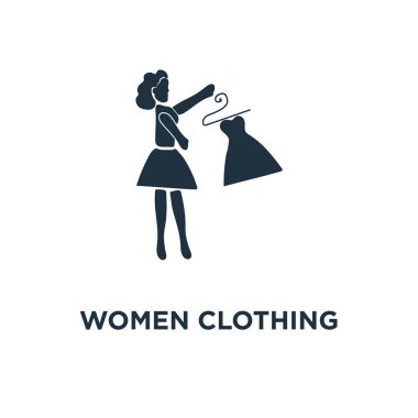 Kadın giyim simgesi. Siyah vektör çizim dolu. Kadın sembolü beyaz arka plan üzerinde giyim. Web ve mobil kullanılabilir.