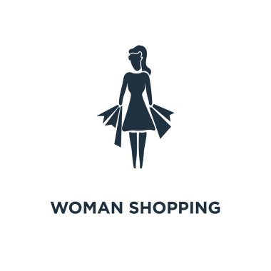 Kadın alışveriş simgesi. Siyah vektör çizim dolu. Beyaz arka plan kadın alışveriş sembolü. Web ve mobil kullanılabilir.