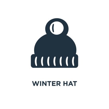 Kış şapka simgesi. Siyah vektör çizim dolu. Beyaz arka plan kış şapka sembolü. Web ve mobil kullanılabilir.