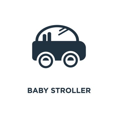 Bebek arabası simgesi. Siyah vektör çizim dolu. Beyaz arka plan bebek arabası sembolü. Web ve mobil kullanılabilir.