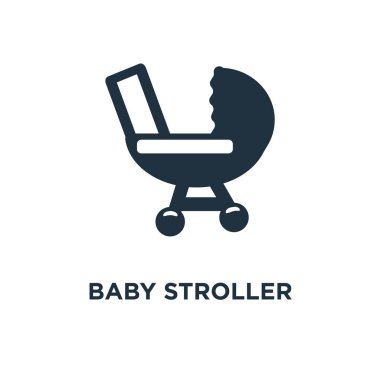Bebek arabası simgesi. Siyah vektör çizim dolu. Beyaz arka plan bebek arabası sembolü. Web ve mobil kullanılabilir.