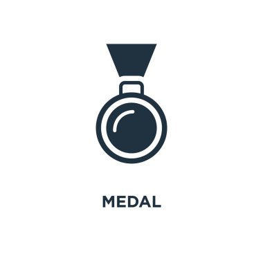 Madalya simgesi. Siyah vektör çizim dolu. Beyaz arka plan üzerinde madalya sembolü. Web ve mobil kullanılabilir.