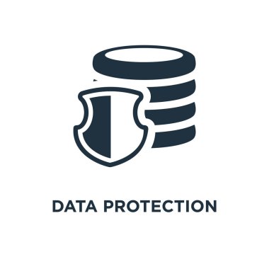 Veri koruma simgesi. Siyah vektör çizim dolu. Veri koruma simgesi beyaz arka plan üzerinde. Web ve mobil kullanılabilir.