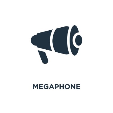 Megafon simgesi. Siyah vektör çizim dolu. Beyaz arka plan megafon sembolü. Web ve mobil kullanılabilir.
