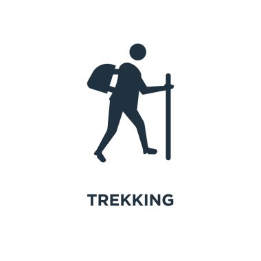 Trekking simgesi. Siyah vektör çizim dolu. Beyaz arka plan trekking sembolü. Web ve mobil kullanılabilir.