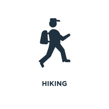 Hiking simgesi. Siyah vektör çizim dolu. Beyaz arka plan Hiking sembolü. Web ve mobil kullanılabilir.