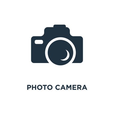 Fotoğraf kamera simgesi. Siyah vektör çizim dolu. Fotoğraf kamera simgesi beyaz arka plan üzerinde. Web ve mobil kullanılabilir.