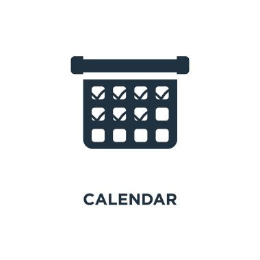 Takvim simgesini. Siyah vektör çizim dolu. Takvim simgesi beyaz arka plan üzerinde. Web ve mobil kullanılabilir.