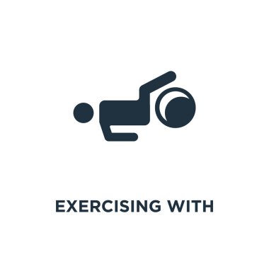 Jimnastik topu simgesi ile egzersiz. Siyah vektör çizim dolu. Jimnastik topu sembolü beyaz arka plan ile egzersiz. Web ve mobil kullanılabilir.