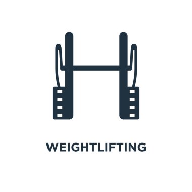 Halter simgesi. Siyah vektör çizim dolu. Beyaz arka plan üzerinde halter sembolü. Web ve mobil kullanılabilir.