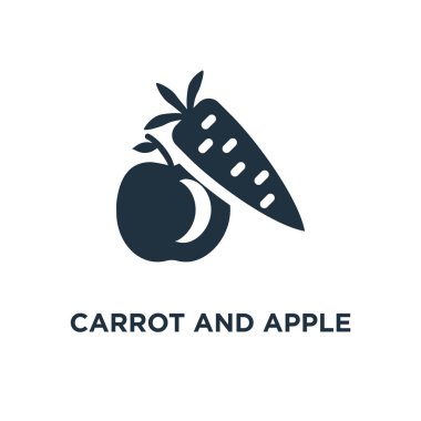 Havuç ve elma simgesi. Siyah vektör çizim dolu. Beyaz zemin üzerine havuç ve elma sembolü. Web ve mobil kullanılabilir.