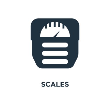 Ölçekler simgesi. Siyah vektör çizim dolu. Beyaz arka plan ölçekleri sembolü. Web ve mobil kullanılabilir.