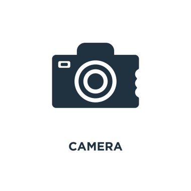 Kamera simgesi. Siyah vektör çizim dolu. Beyaz arka plan üzerinde kamera simgesi. Web ve mobil kullanılabilir.