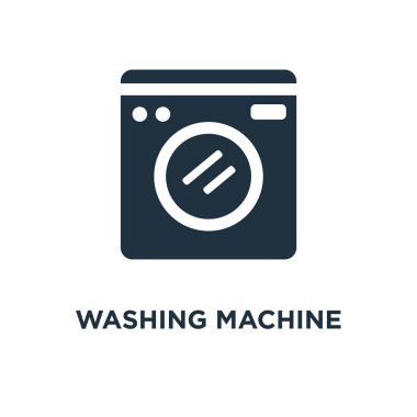 Çamaşır makinesi simgesi. Siyah vektör çizim dolu. Beyaz arka plan çamaşır makinesi sembolü. Web ve mobil kullanılabilir.