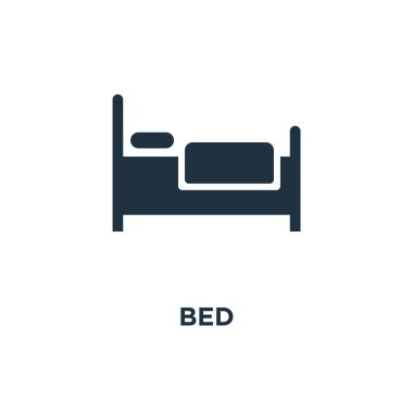 Yatak simgesi. Siyah vektör çizim dolu. Beyaz arka plan yatak sembolü. Web ve mobil kullanılabilir.