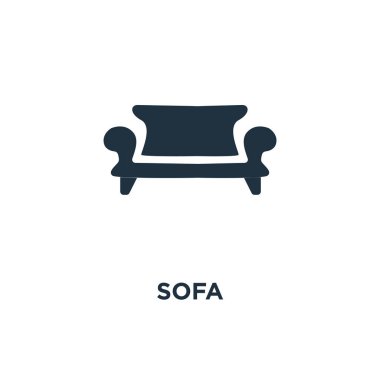 Kanepe simgesi. Siyah vektör çizim dolu. Beyaz arka plan kanepe sembolü. Web ve mobil kullanılabilir.