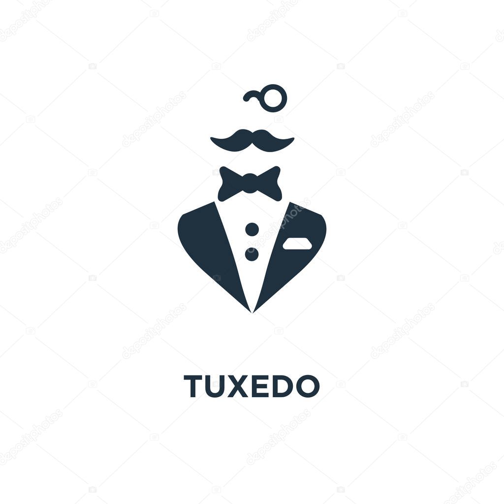 Tuxedo icon. Black filled vector illustration. Tuxedo symbol on white background. Can be used in web and mobile.