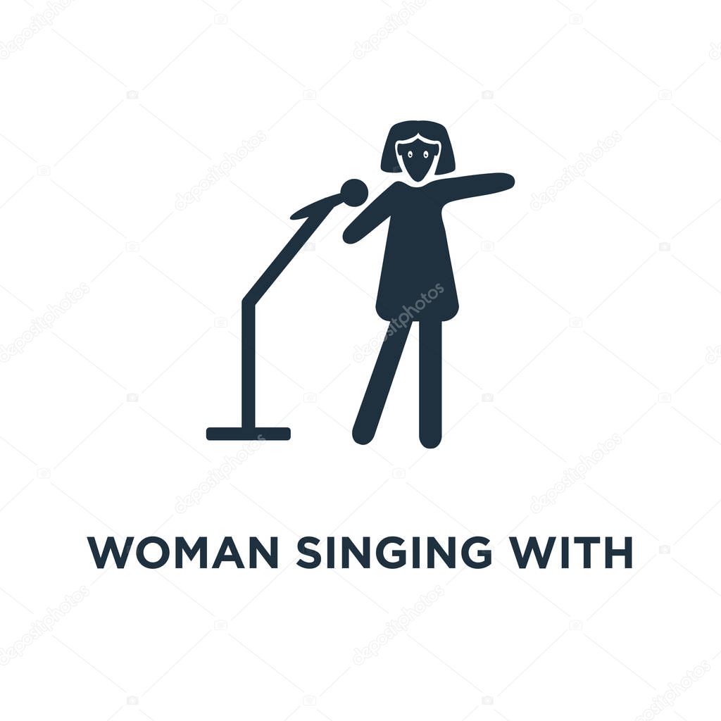 Woman Singing with Microphone icon. Black filled vector illustration. Woman Singing with Microphone symbol on white background. Can be used in web and mobile.