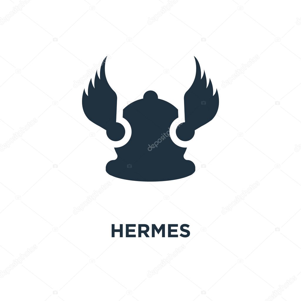Hermes icon. Black filled vector illustration. Hermes symbol on white background. Can be used in web and mobile.
