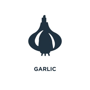 Sarımsak simgesi. Siyah vektör çizim dolu. Beyaz arka plan sarımsak sembolü. Web ve mobil kullanılabilir.