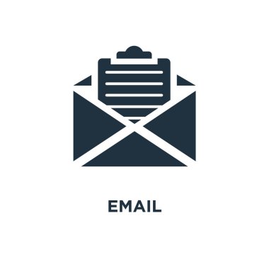 E-posta simgesi. Siyah vektör çizim dolu. E-posta simgesi beyaz arka plan üzerinde. Web ve mobil kullanılabilir.