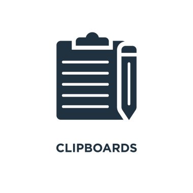 Clipboards simgesi. Siyah vektör çizim dolu. Beyaz arka plan panoları sembolü. Web ve mobil kullanılabilir.