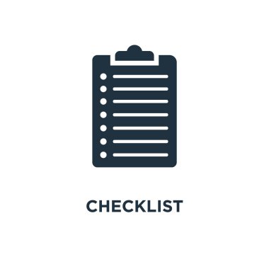 Denetim listesi simgesi. Siyah vektör çizim dolu. Beyaz arka plan üzerinde denetim listesi sembolü. Web ve mobil kullanılabilir.