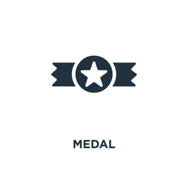 Madalya simgesi. Siyah vektör çizim dolu. Beyaz arka plan üzerinde madalya sembolü. Web ve mobil kullanılabilir.