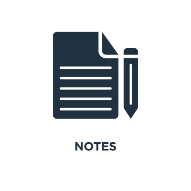 Notlar simgesi. Siyah vektör çizim dolu. Beyaz arka plan notları sembolü. Web ve mobil kullanılabilir.