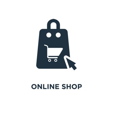 Online alışveriş simgesi. Siyah vektör çizim dolu. Beyaz arka plan online alışveriş sembolü. Web ve mobil kullanılabilir.