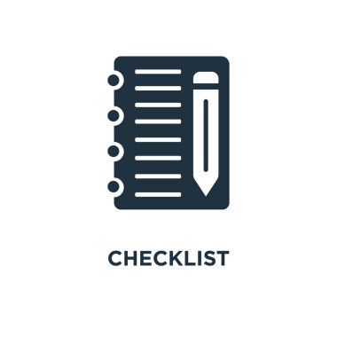 Denetim listesi simgesi. Siyah vektör çizim dolu. Beyaz arka plan üzerinde denetim listesi sembolü. Web ve mobil kullanılabilir.